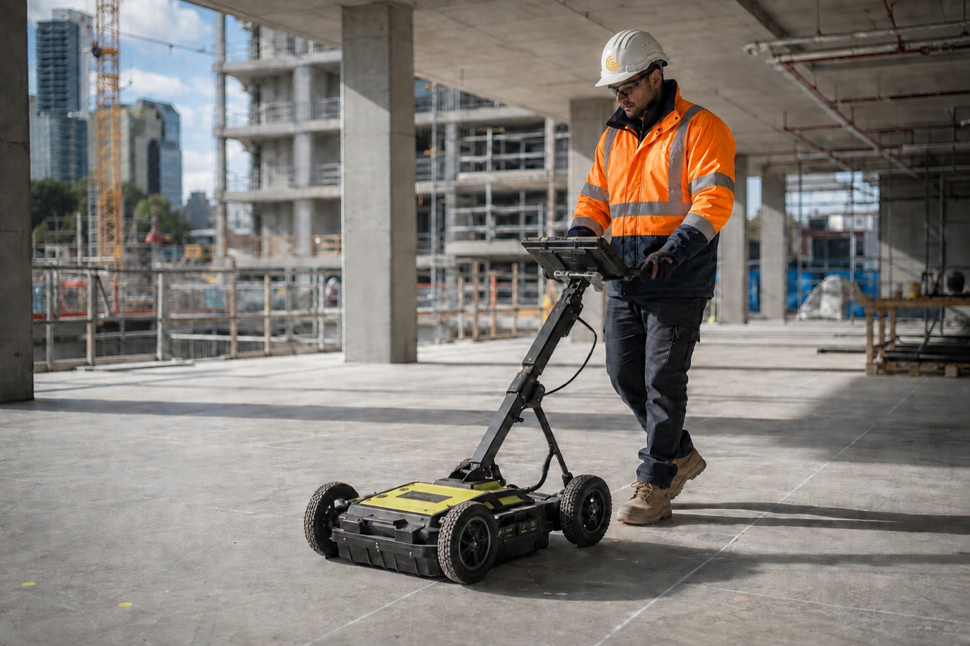 Technician scanning a commercial concrete slab with ground-penetrating radar