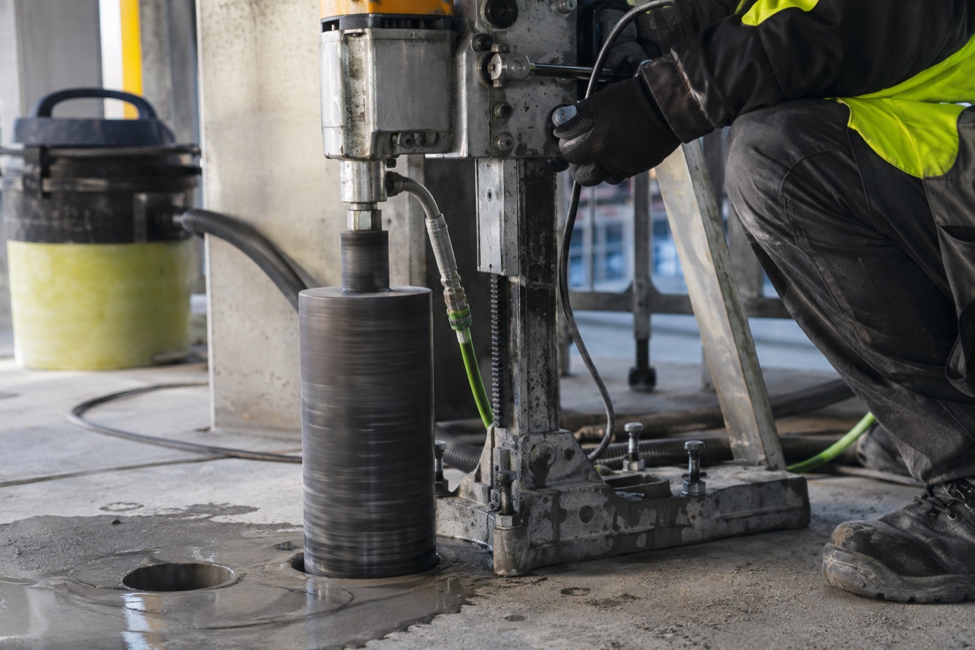 Technician carrying out controlled concrete core drilling