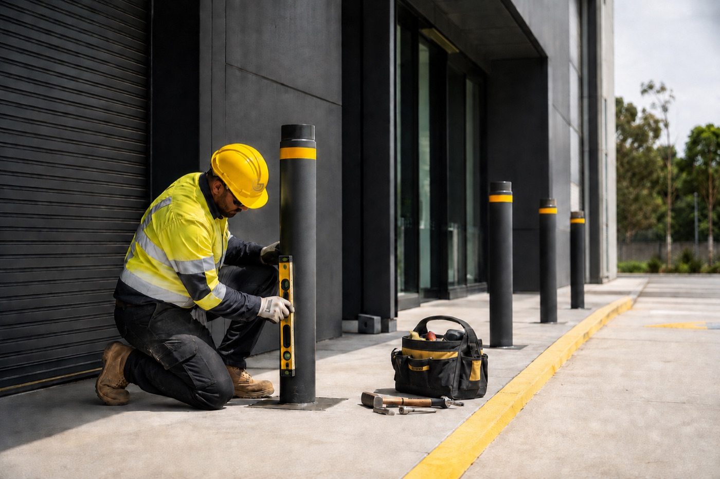 Technician installing safety bollards at a commercial facility