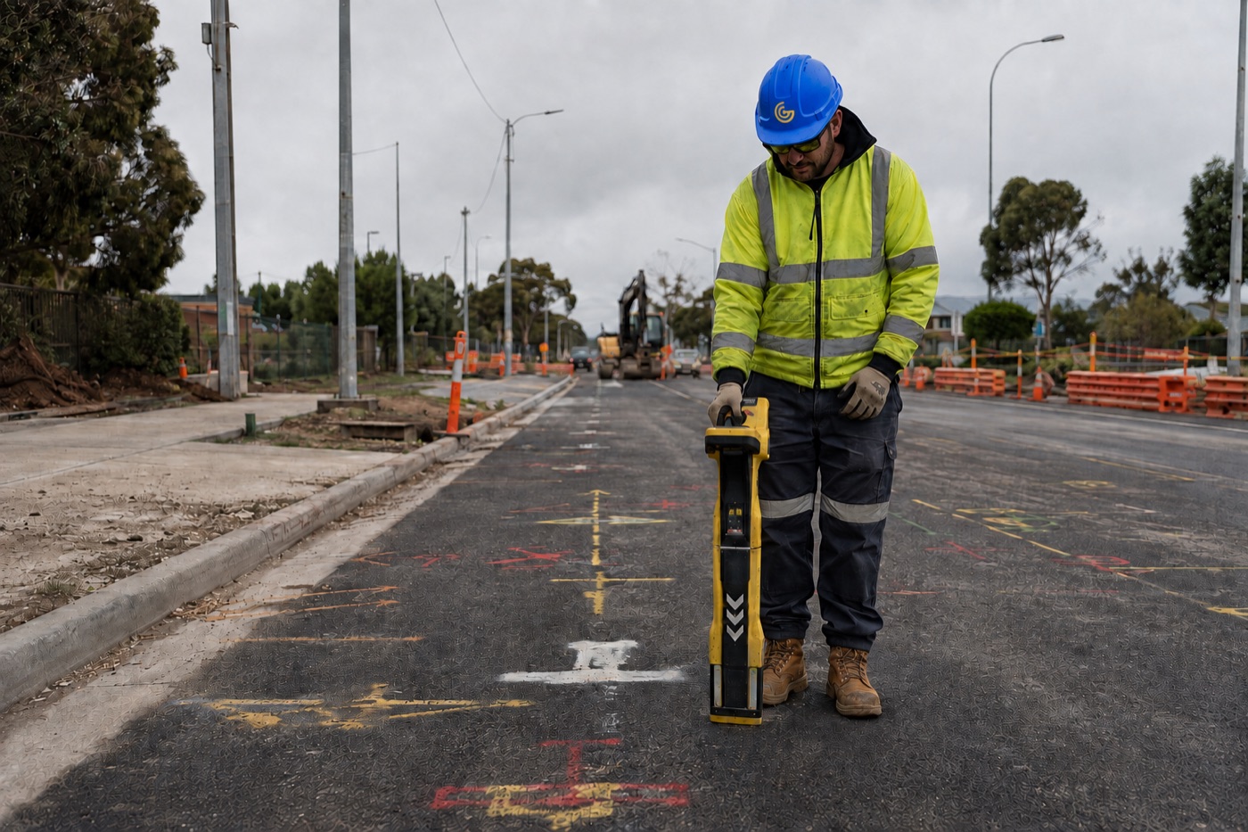 Field technician locating underground utilities on a civil project